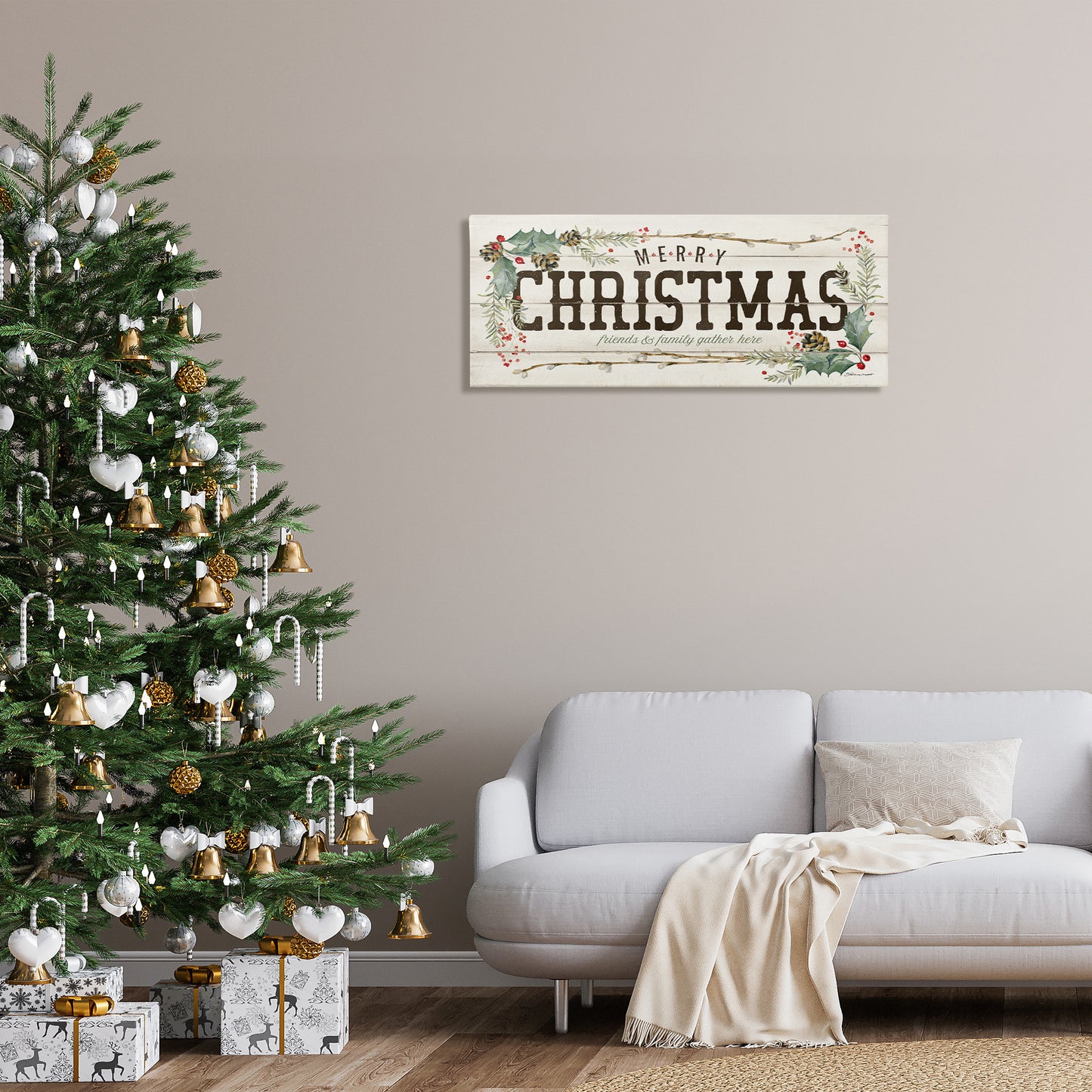 Merry Christmas Friends & Family Canvas Wall Art in Room, Home Decor by Stephanie Workman Marrott