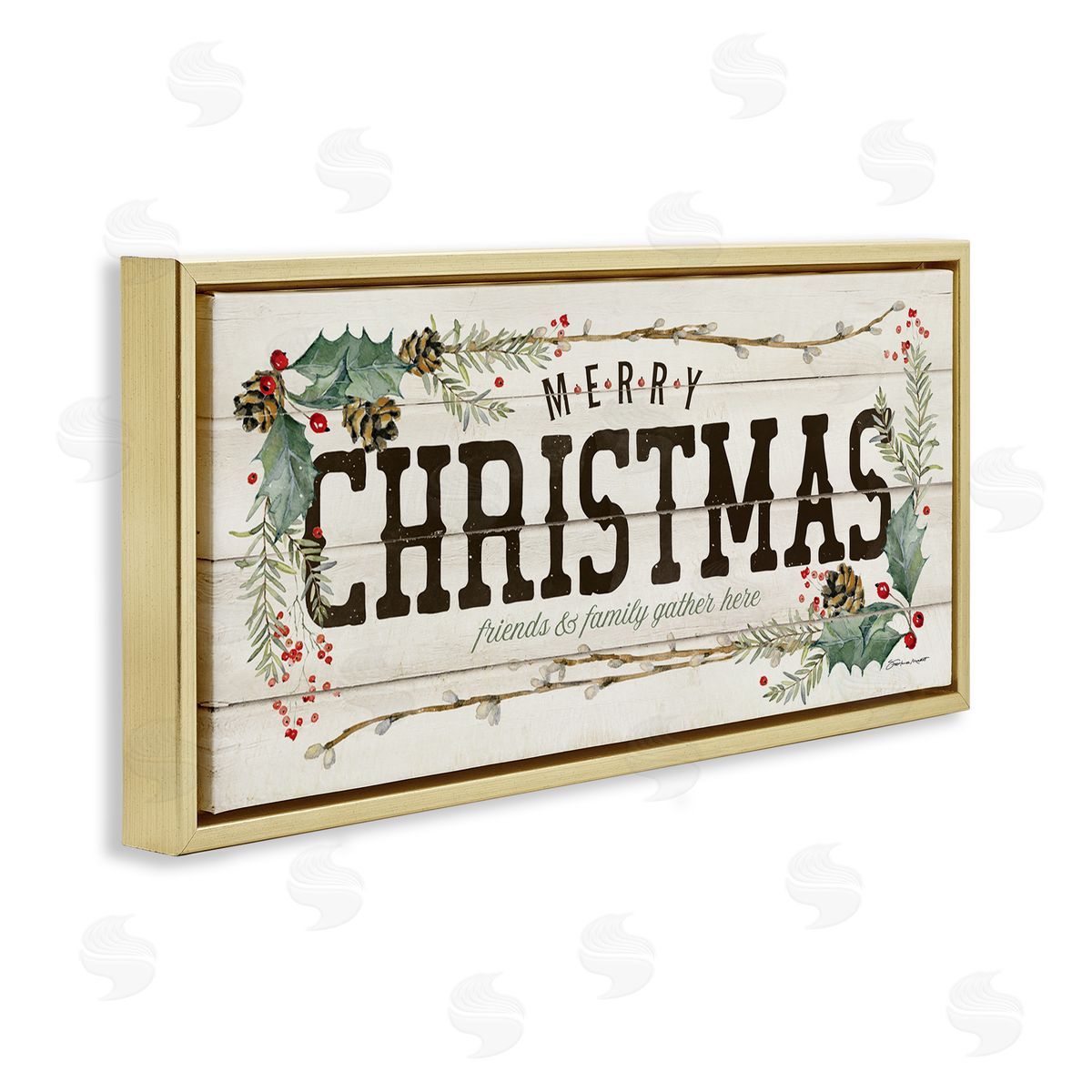 Merry Christmas Friends & Family Gold Floating Frame Canvas Wall Art, Home Decor by Stephanie Workman Marrott