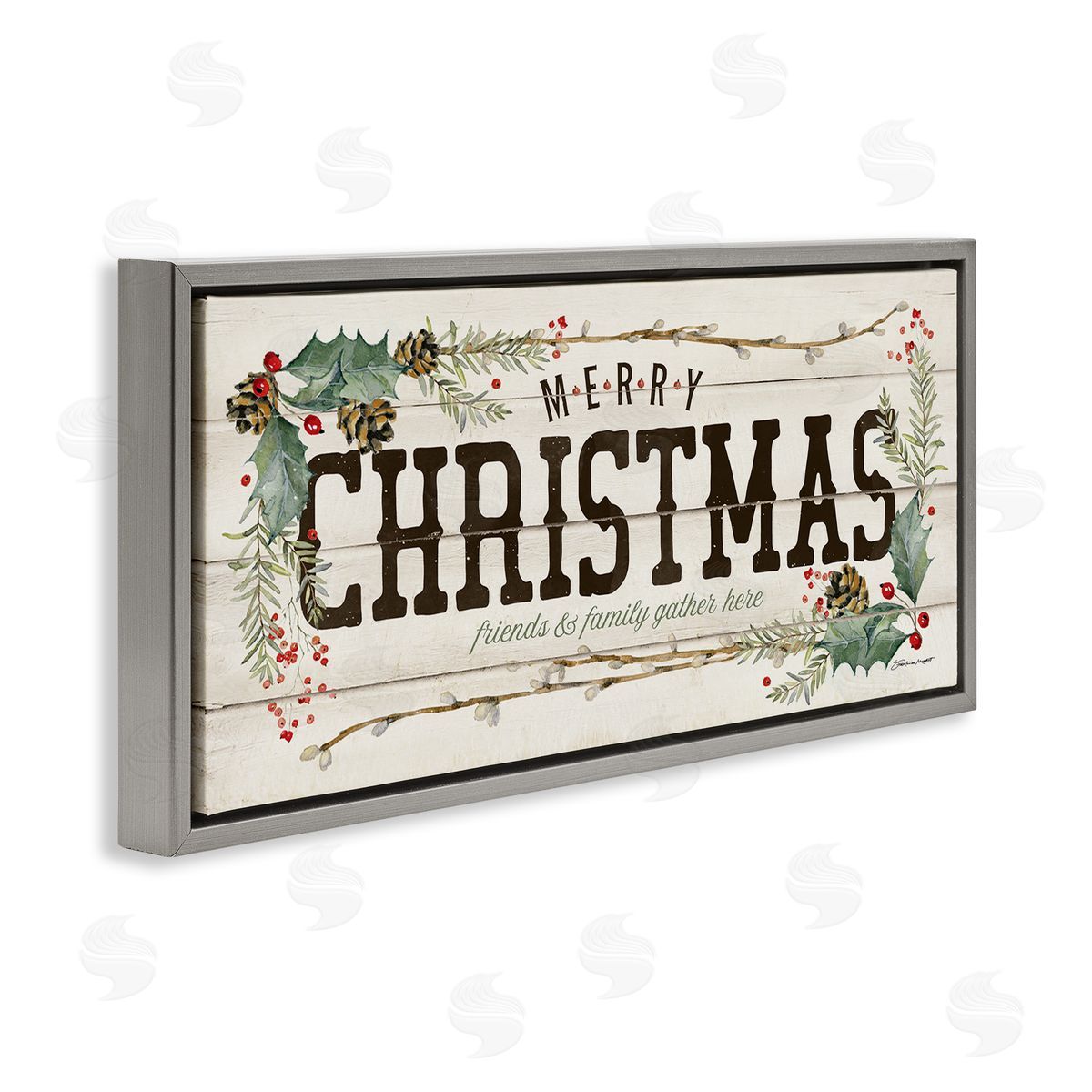 Merry Christmas Friends & Family Grey Floating Frame Canvas Wall Art, Home Decor by Stephanie Workman Marrott