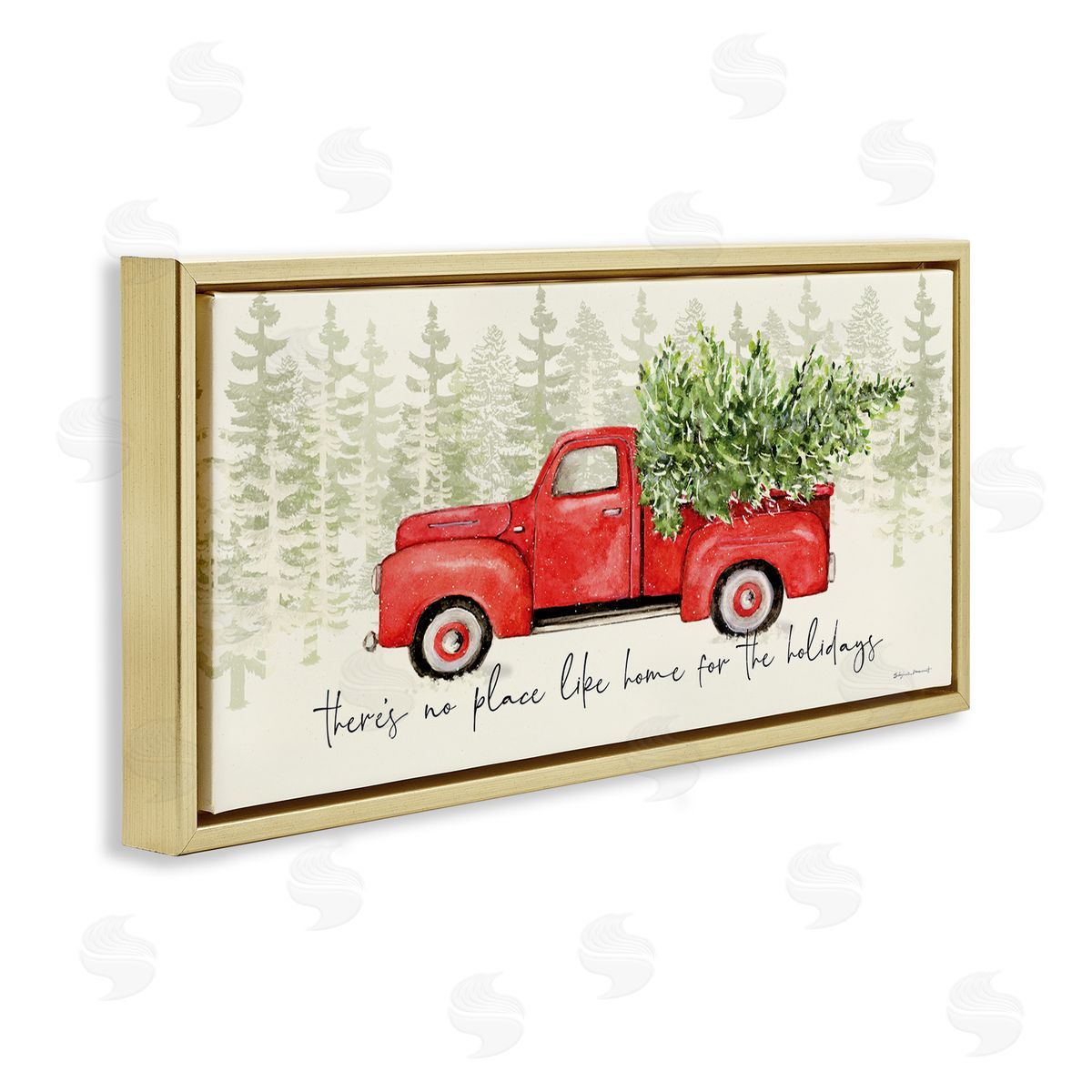 Stephanie Workman Marrott No Place Like Home Expression Red Truck Christmas Tree Gold Floater Frame Canvas Art