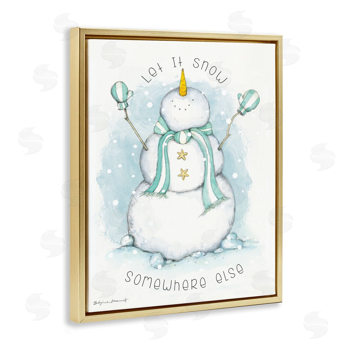 Stephanie Workman Marrott Let It Snow Somewhere Else Nautical Snowman Gold Floater Frame Canvas Art