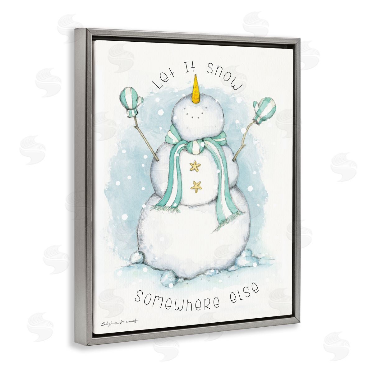Stephanie Workman Marrott Let It Snow Somewhere Else Nautical Snowman Gray Floater Frame Canvas Art