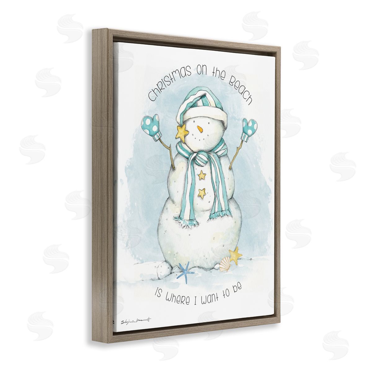 Stephanie Workman Marrott Christmas On the Beach Sentiments Nautical Snowman Brown Floater Frame Canvas Art