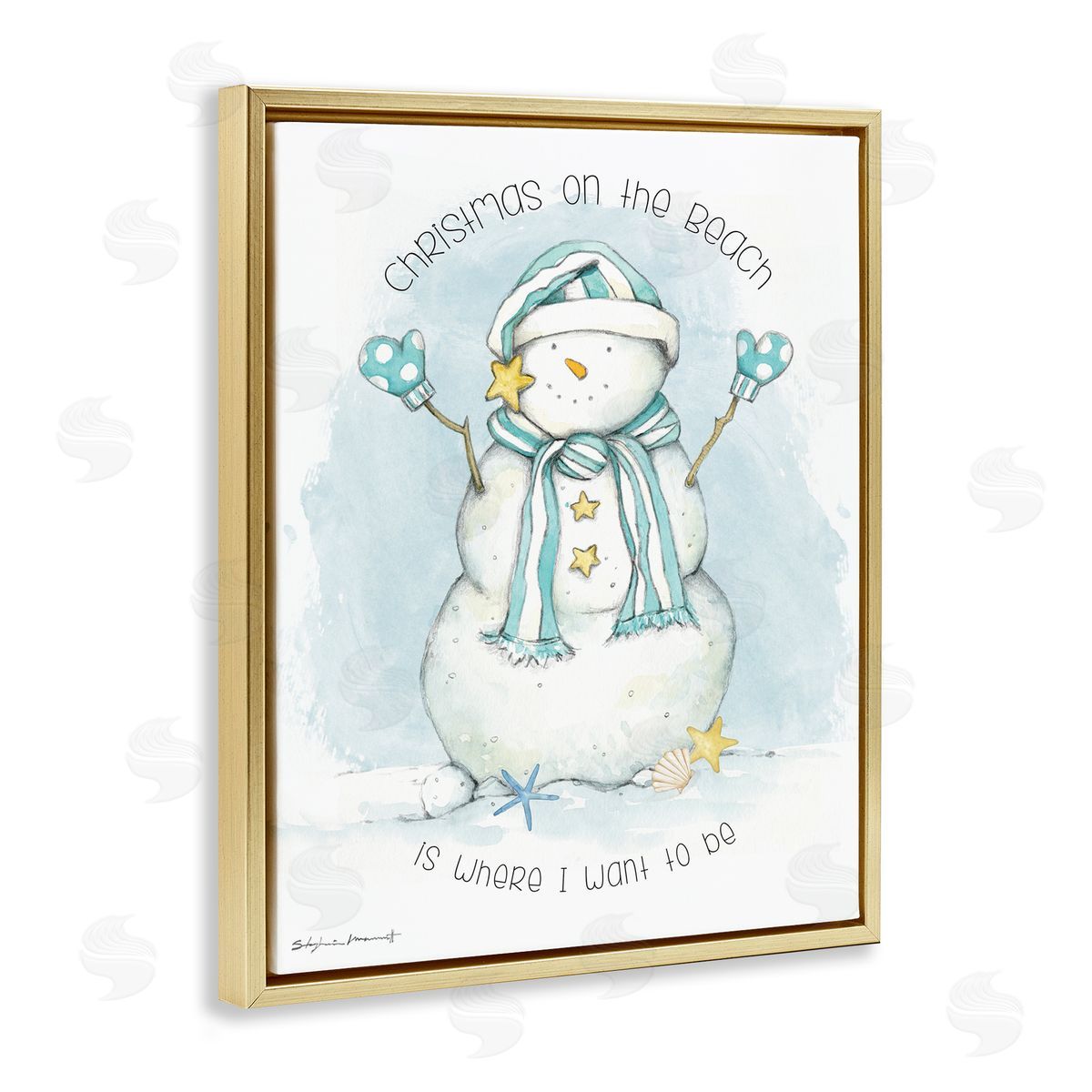 Stephanie Workman Marrott Christmas On the Beach Sentiments Nautical Snowman Gold Floater Frame Canvas Art