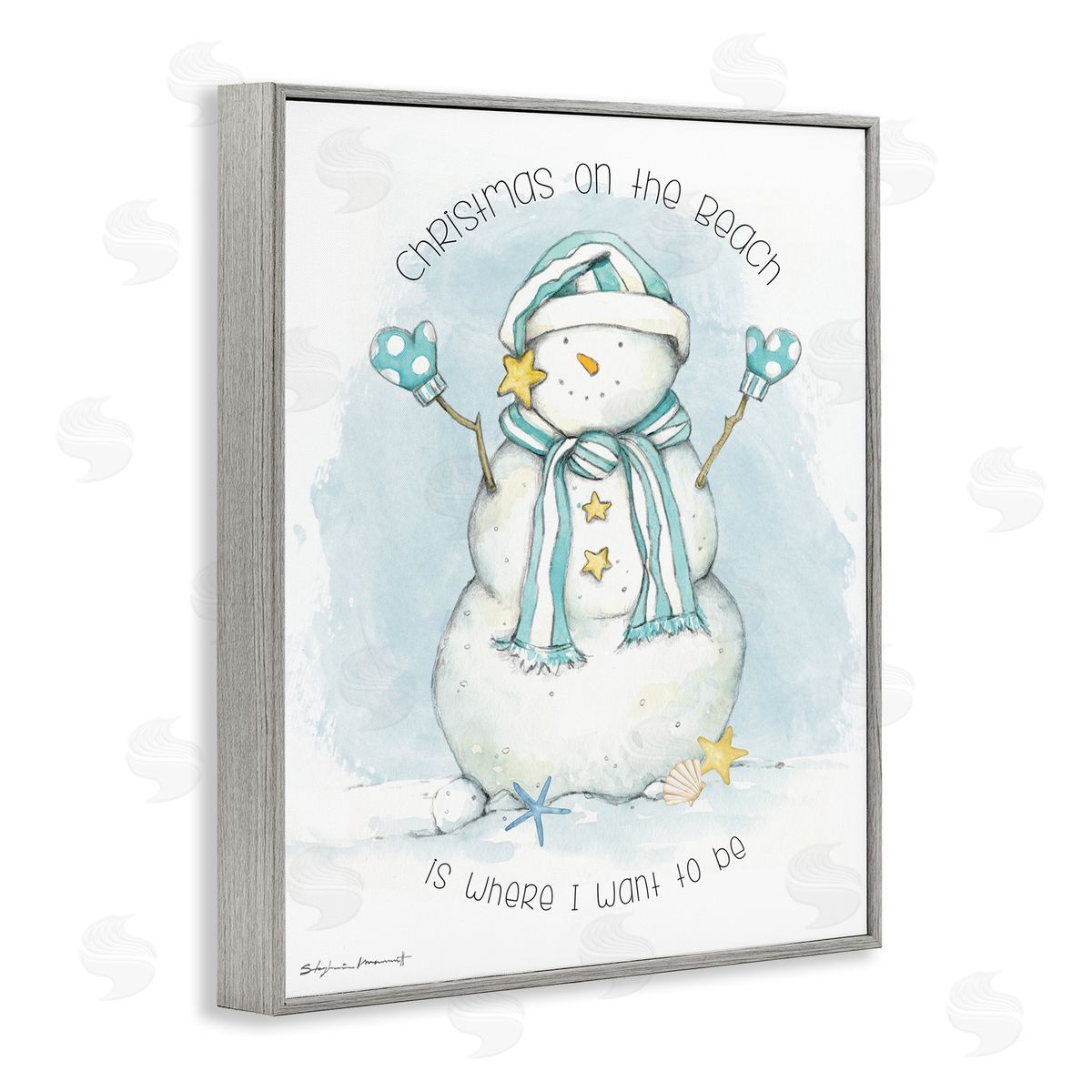 Stephanie Workman Marrott Christmas On the Beach Sentiments Nautical Snowman Gray Framed Giclee Wall Art