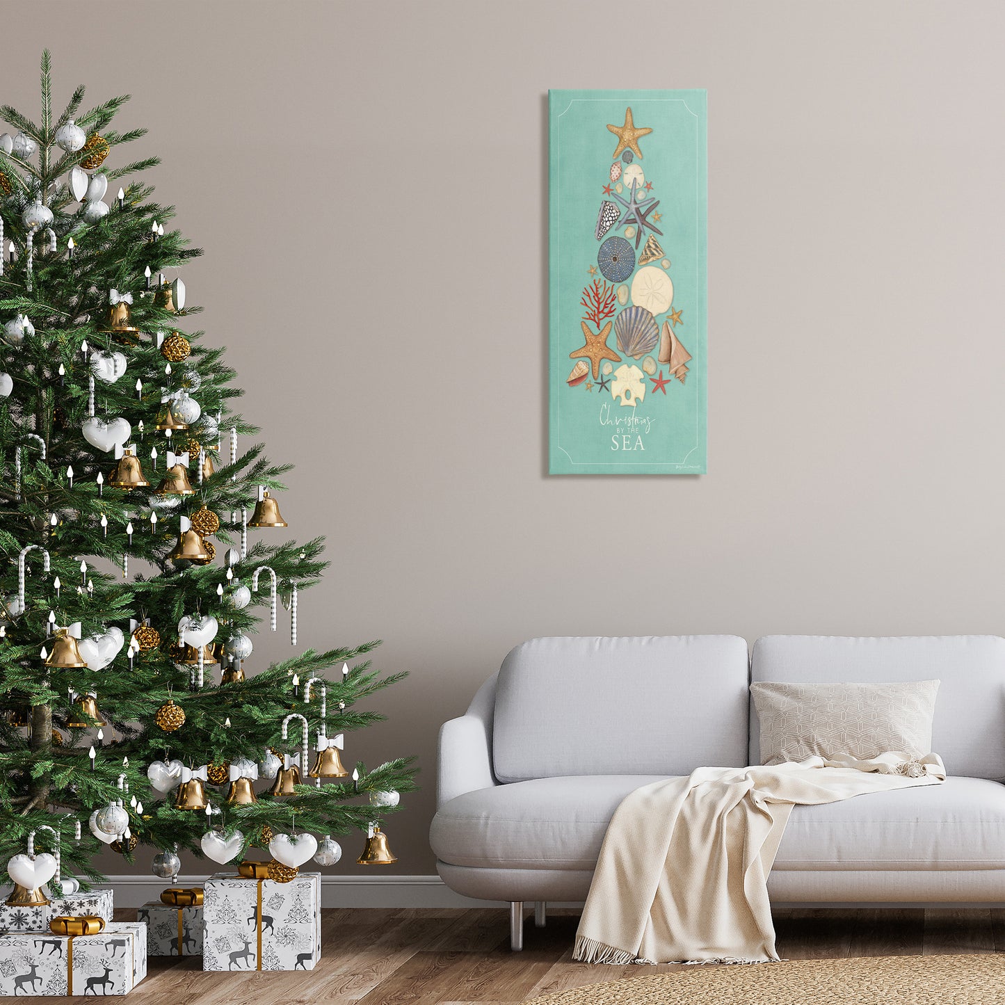 Seashell Holiday Tree Canvas Wall Art in Room, Home Decor by Stephanie Workman Marrott
