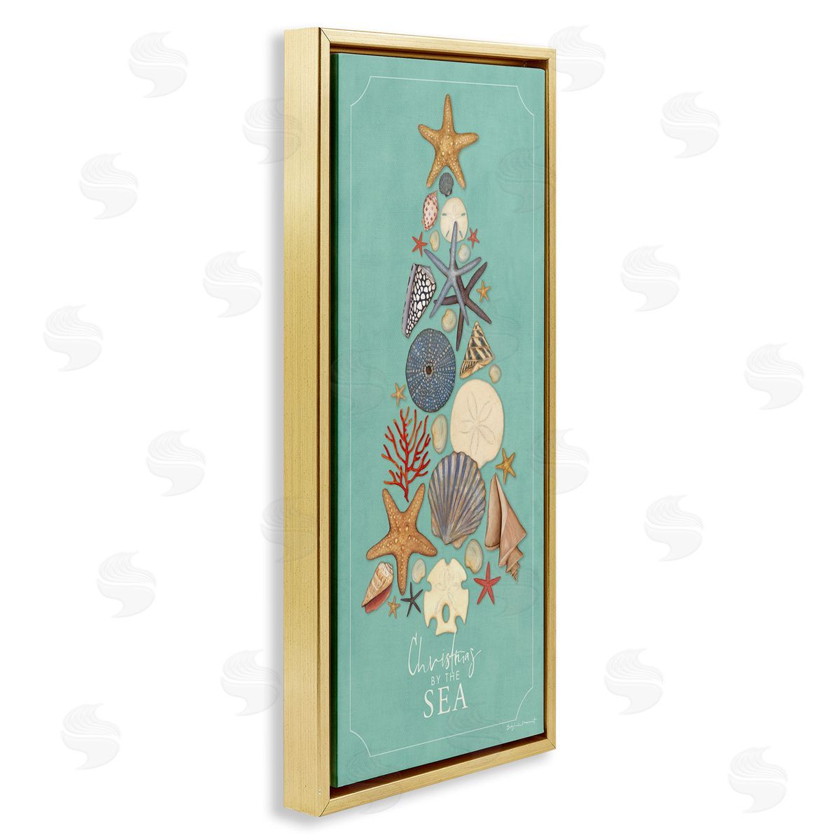 Seashell Holiday Tree Gold Floating Frame Canvas Wall Art, Home Decor by Stephanie Workman Marrott