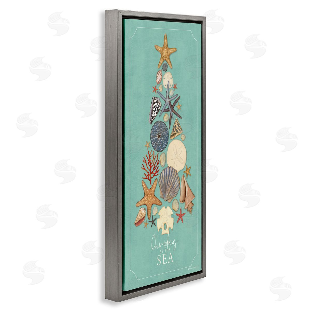Seashell Holiday Tree Grey Floating Frame Canvas Wall Art, Home Decor by Stephanie Workman Marrott