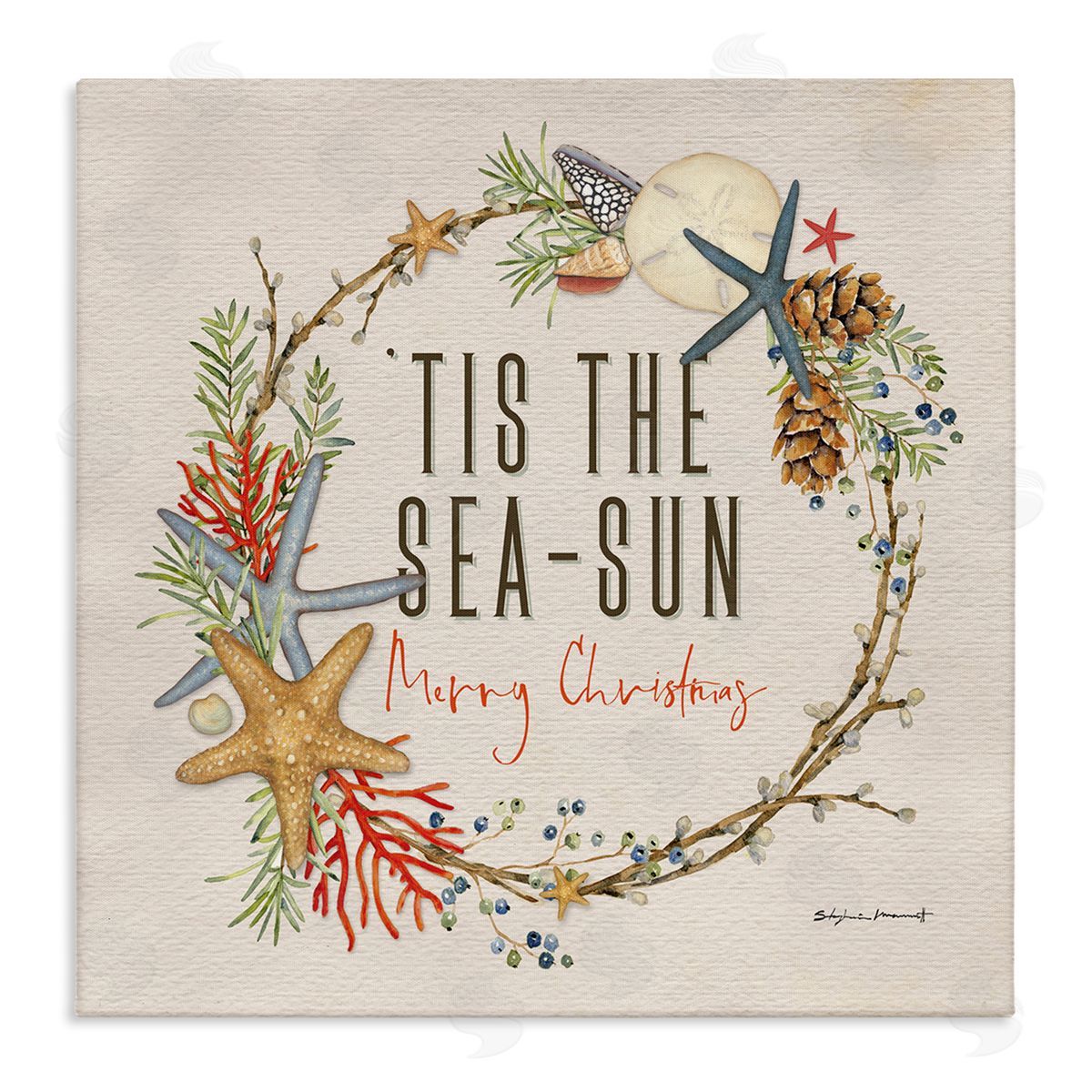 Stephanie Workman Marrott Tis the Sea-Sun Nautical Christmas Wreath Canvas Wall Art