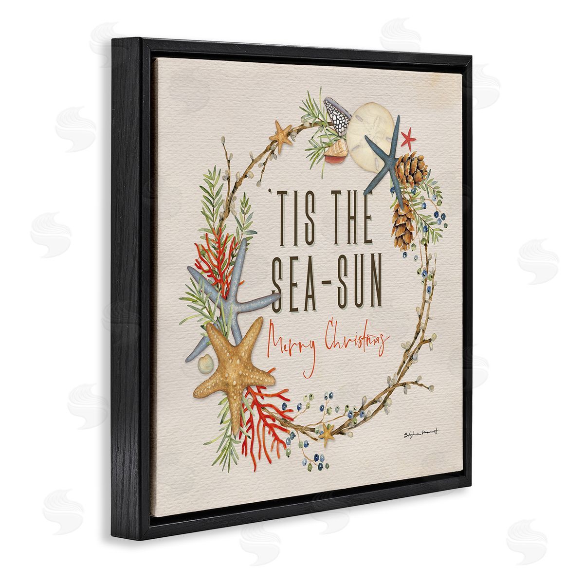Stephanie Workman Marrott Tis the Sea-Sun Nautical Christmas Wreath Black Floater Frame Canvas Art