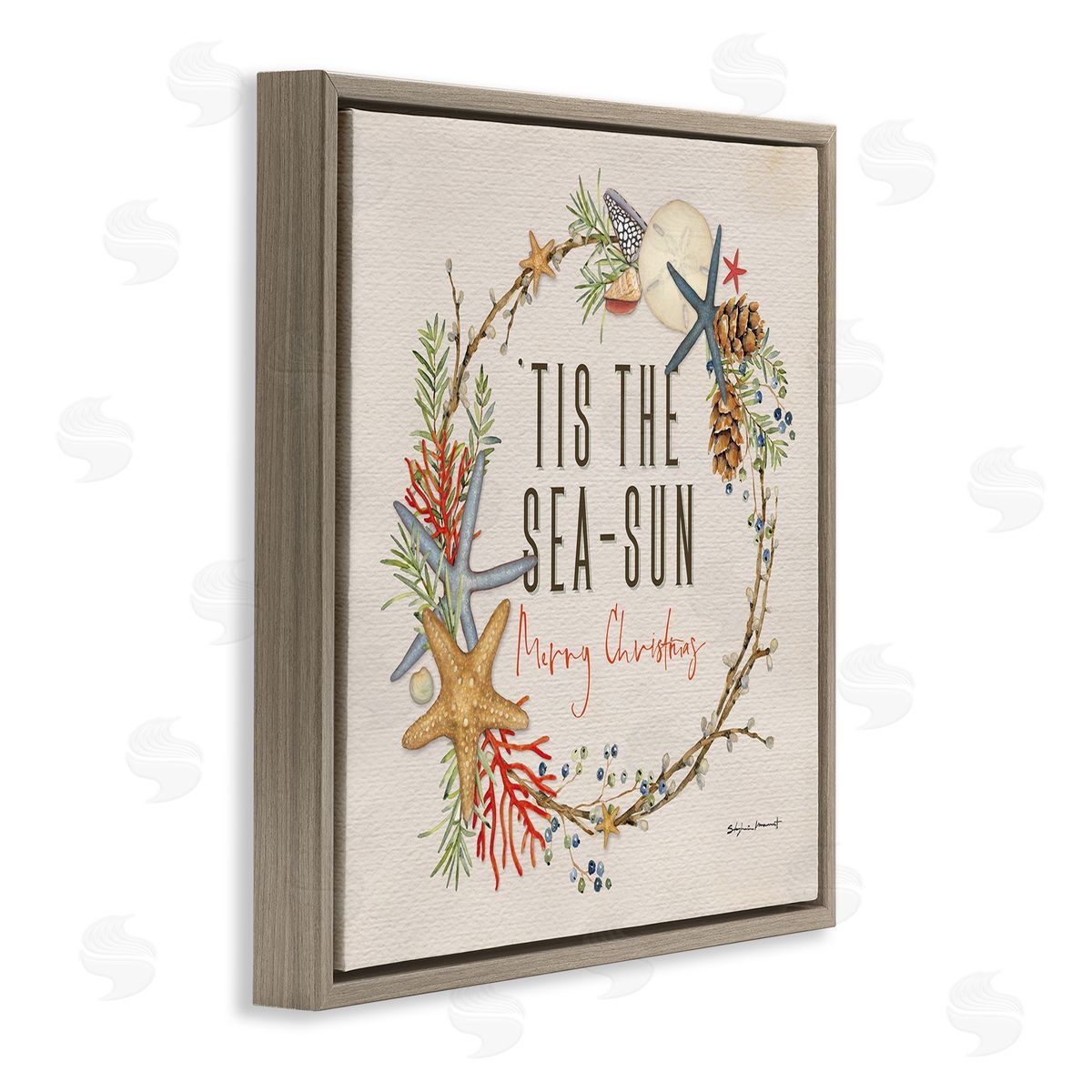 Stephanie Workman Marrott Tis the Sea-Sun Nautical Christmas Wreath Brown Floater Frame Canvas Art