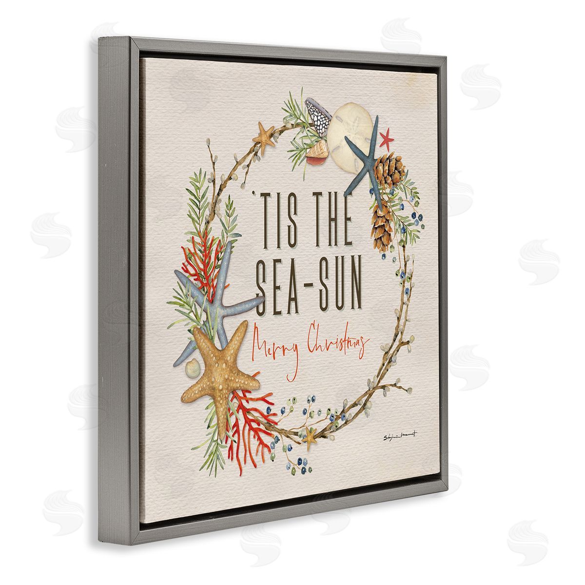 Stephanie Workman Marrott Tis the Sea-Sun Nautical Christmas Wreath Gray Floater Frame Canvas Art