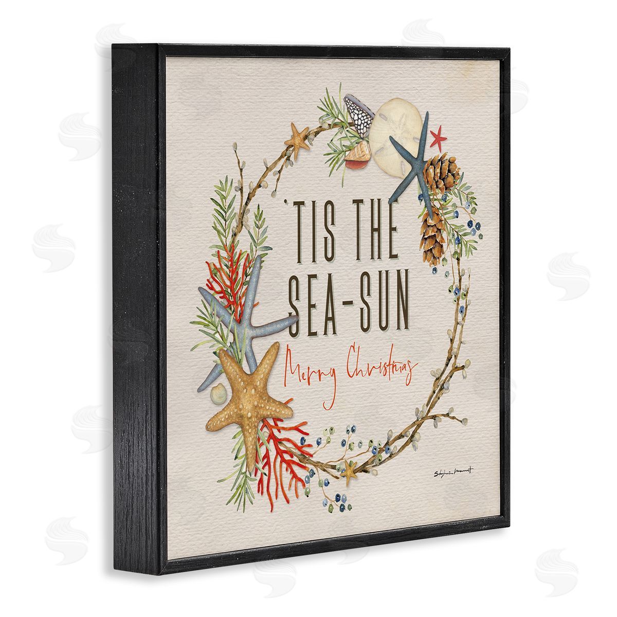 Stephanie Workman Marrott Tis the Sea-Sun Nautical Christmas Wreath Black Framed Giclee Wall Art