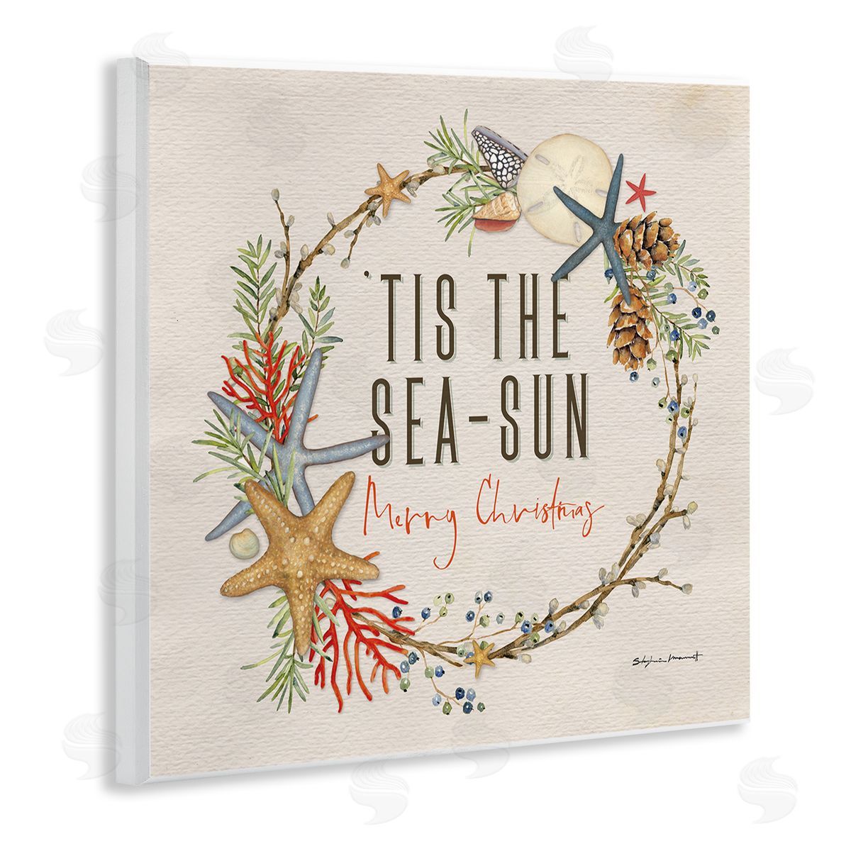 Stephanie Workman Marrott Tis the Sea-Sun Nautical Christmas Wreath Wall Plaque Art