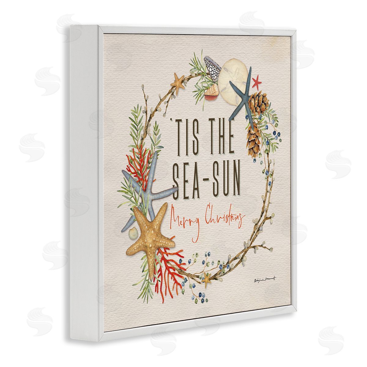 Stephanie Workman Marrott Tis the Sea-Sun Nautical Christmas Wreath White Framed Giclee Wall Art