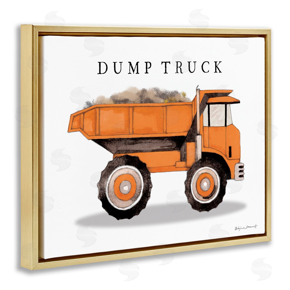 Orange Dump Truck Construction Gold Floating Frame Canvas Wall Art, Home Decor by Stephanie Workman Marrott
