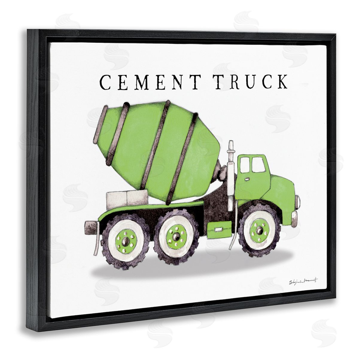 Green Cement Truck Construction Black Floating Frame Canvas Wall Art, Home Decor by Stephanie Workman Marrott