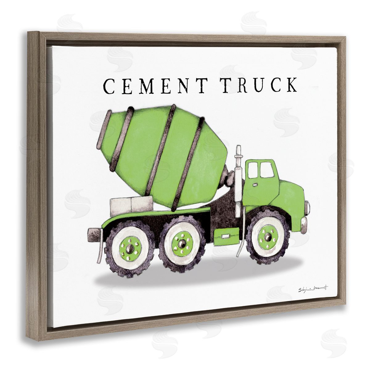 Green Cement Truck Construction Brown Floating Frame Canvas Wall Art, Home Decor by Stephanie Workman Marrott