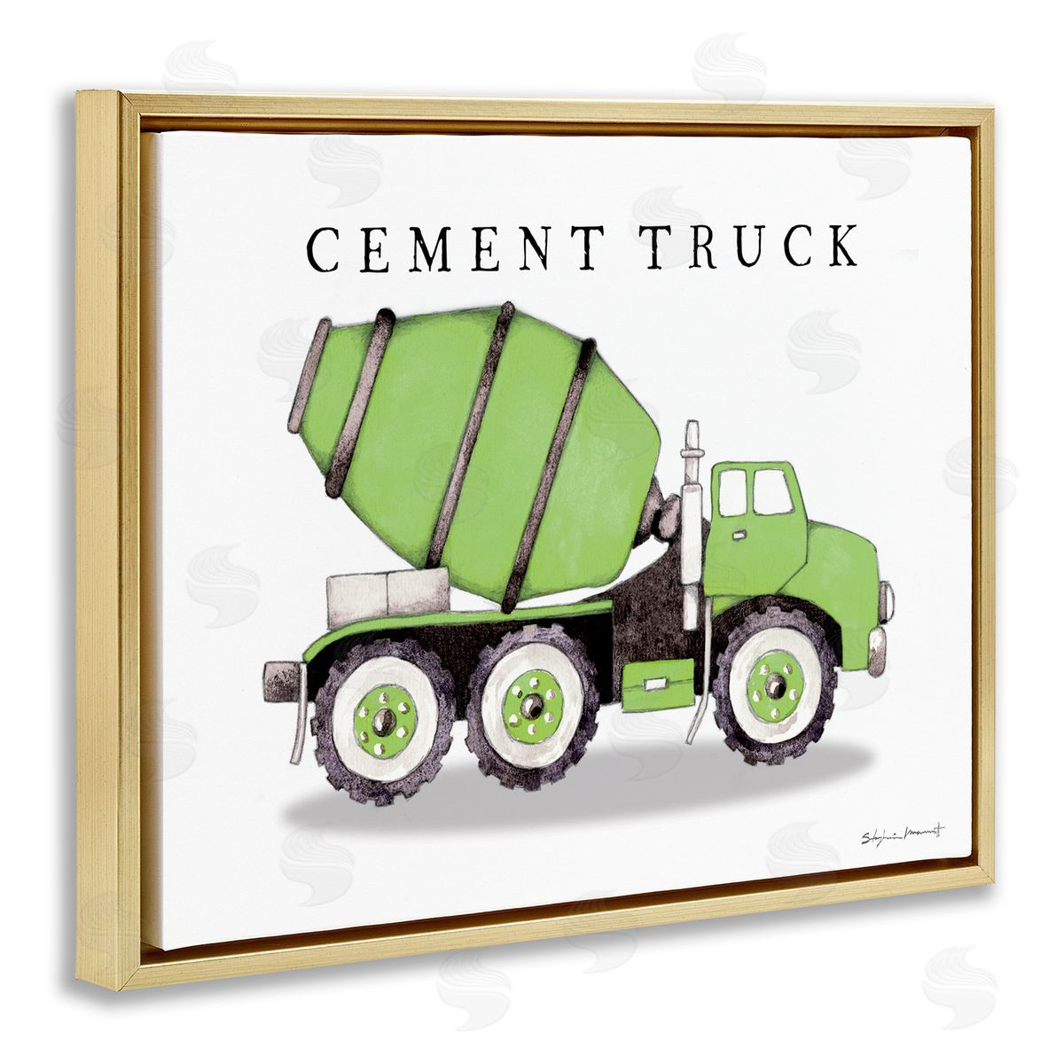 Green Cement Truck Construction Gold Floating Frame Canvas Wall Art, Home Decor by Stephanie Workman Marrott