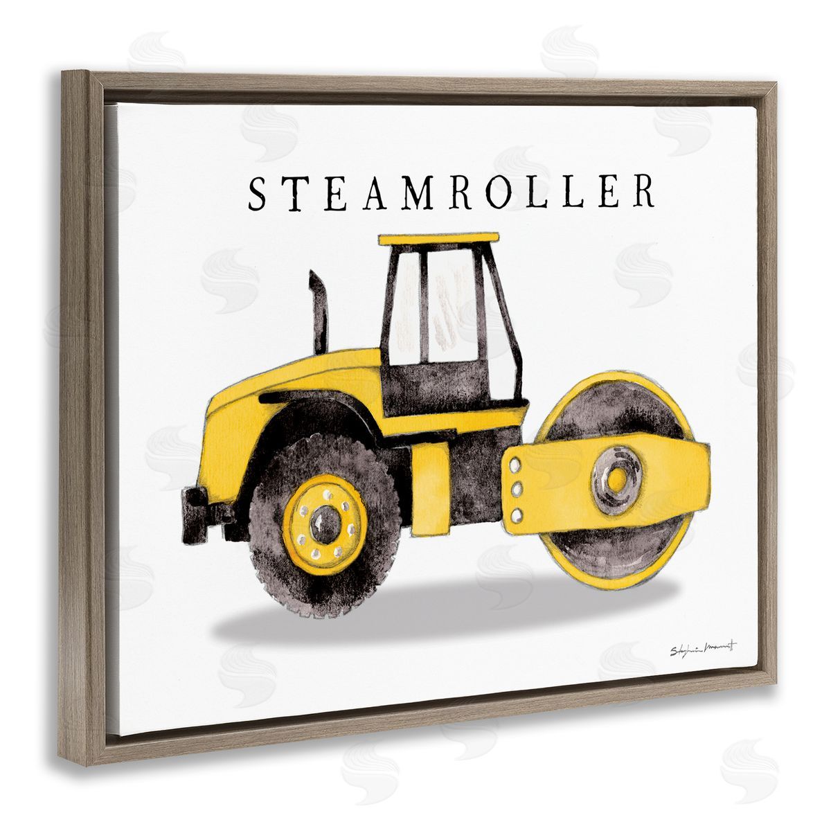Stephanie Workman Marrott Yellow Steam Roller Traditional Construction Truck Brown Floater Frame Canvas Art