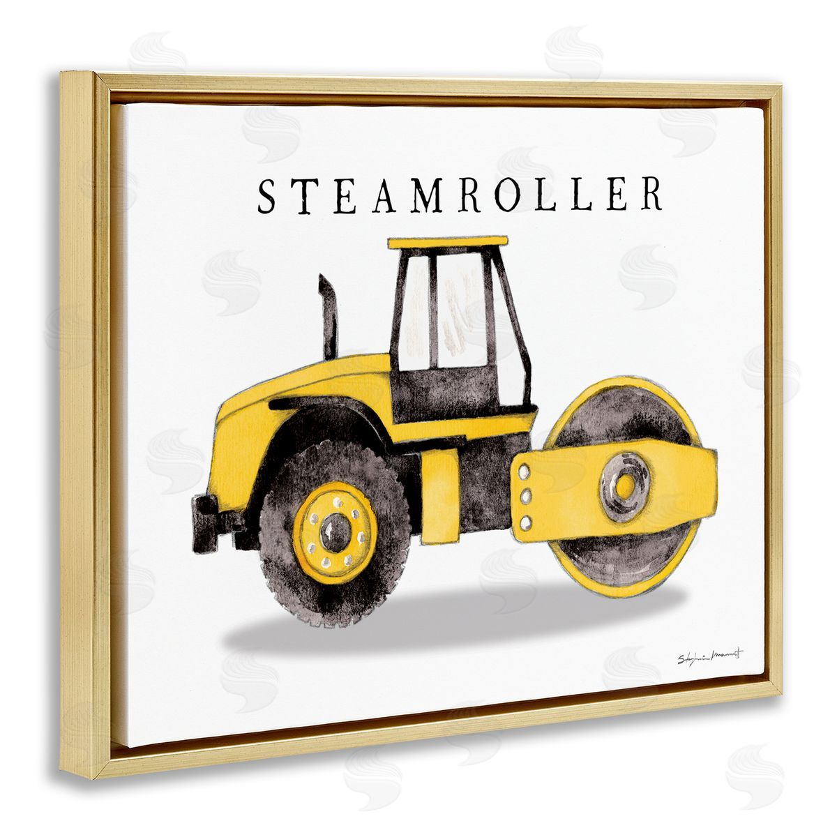 Stephanie Workman Marrott Yellow Steam Roller Traditional Construction Truck Gold Floater Frame Canvas Art