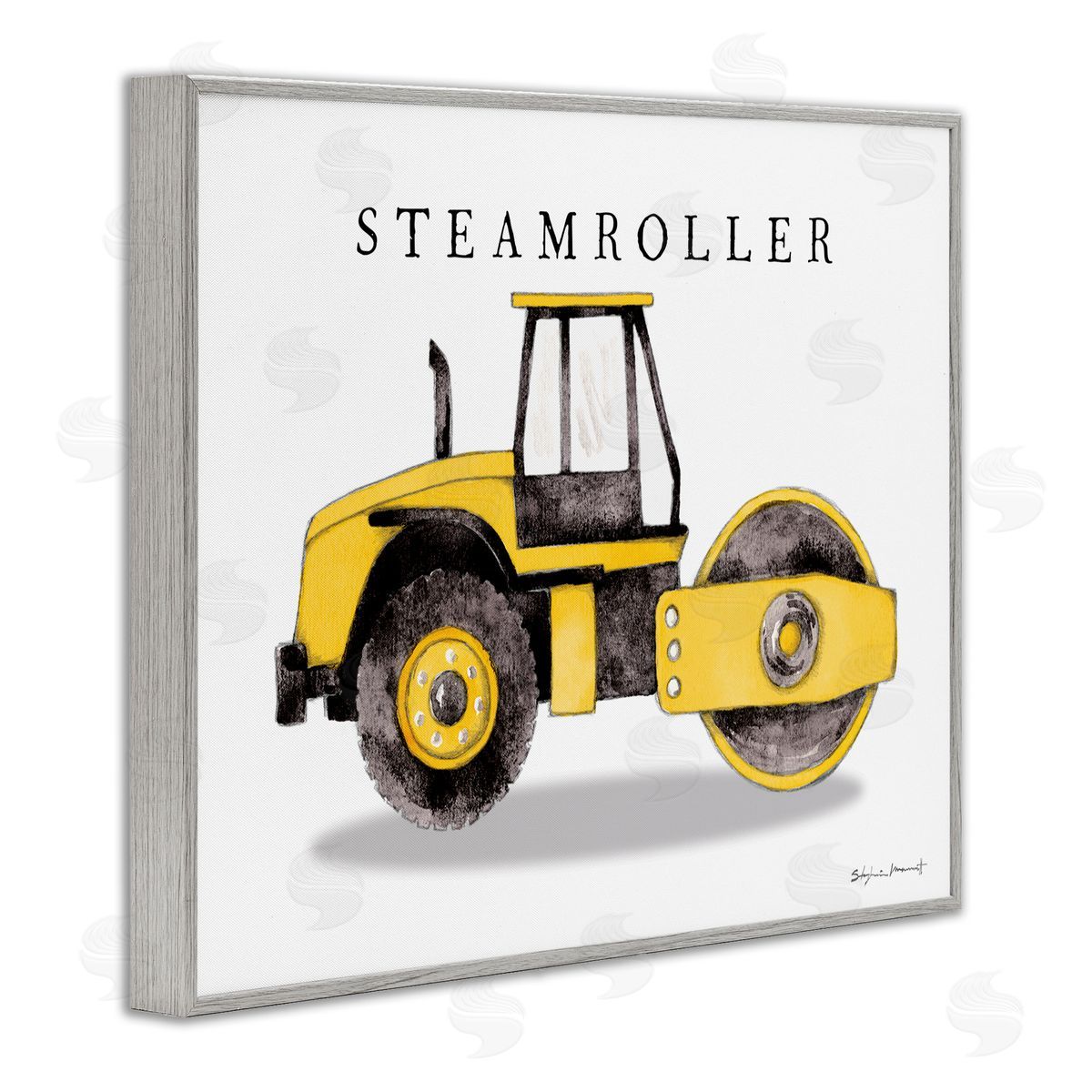 Stephanie Workman Marrott Yellow Steam Roller Traditional Construction Truck Gray Framed Giclee Wall Art