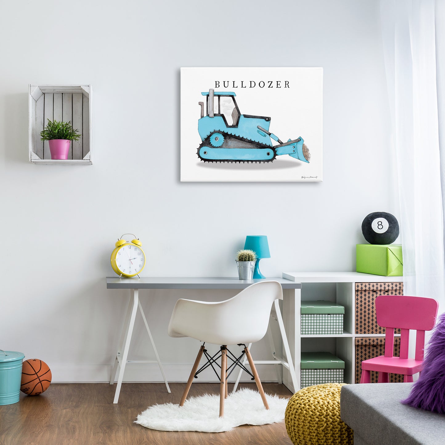 Blue Bulldozer Construction Machine Canvas Wall Art in Room, Home Decor by Stephanie Workman Marrott