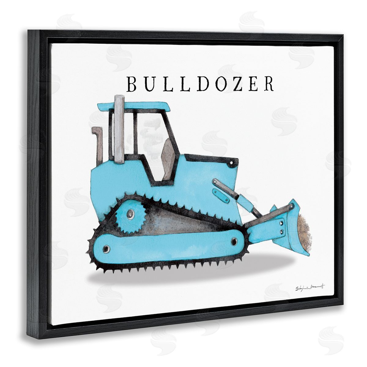 Blue Bulldozer Construction Machine Black Floating Frame Canvas Wall Art, Home Decor by Stephanie Workman Marrott