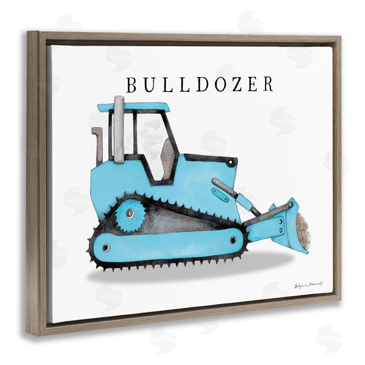 Blue Bulldozer Construction Machine Brown Floating Frame Canvas Wall Art, Home Decor by Stephanie Workman Marrott
