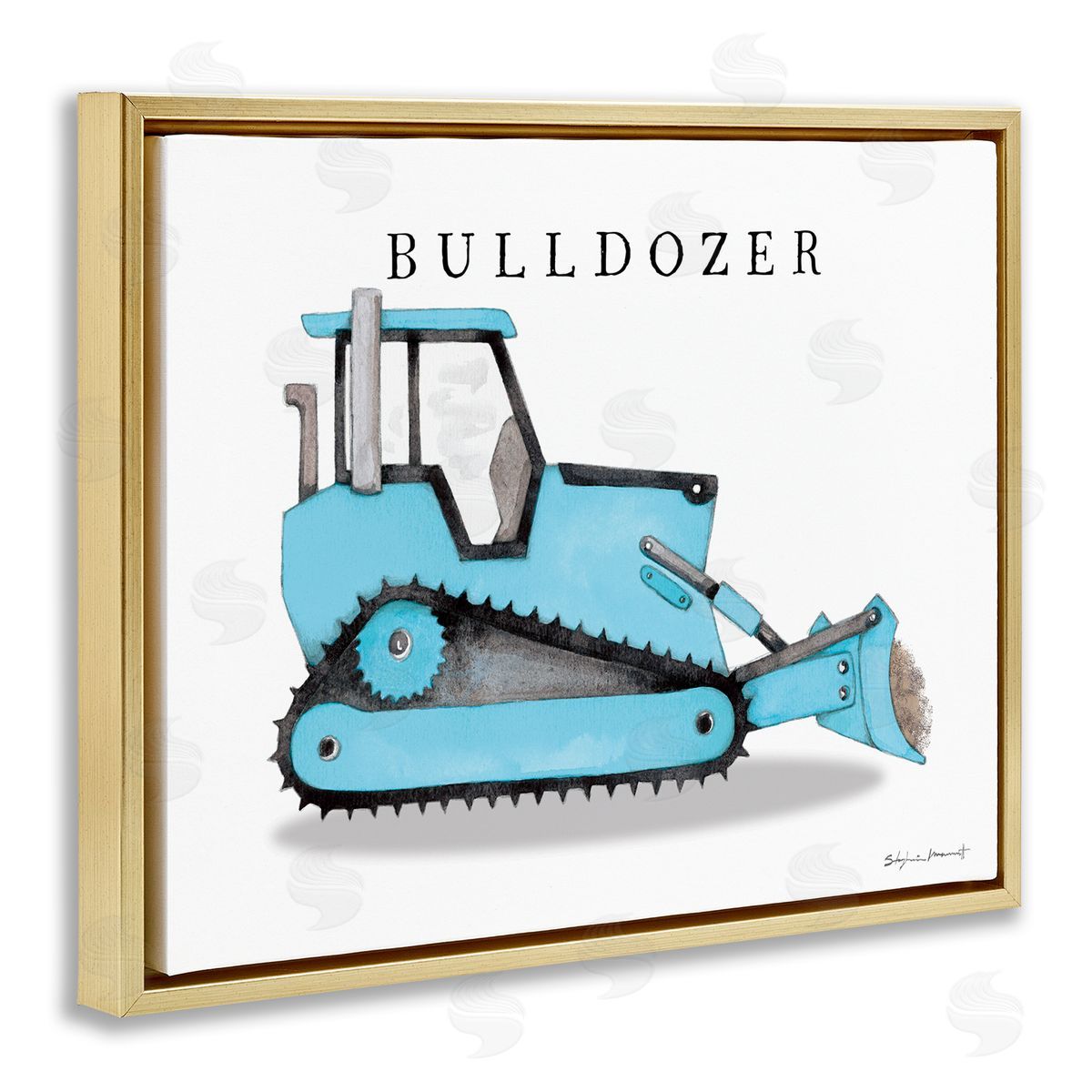 Blue Bulldozer Construction Machine Gold Floating Frame Canvas Wall Art, Home Decor by Stephanie Workman Marrott