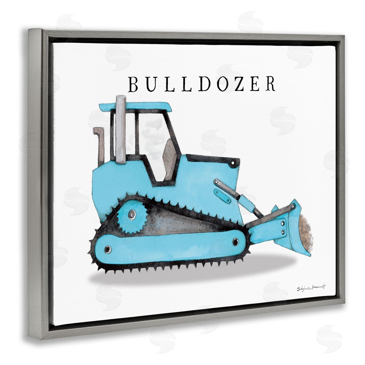 Blue Bulldozer Construction Machine Grey Floating Frame Canvas Wall Art, Home Decor by Stephanie Workman Marrott