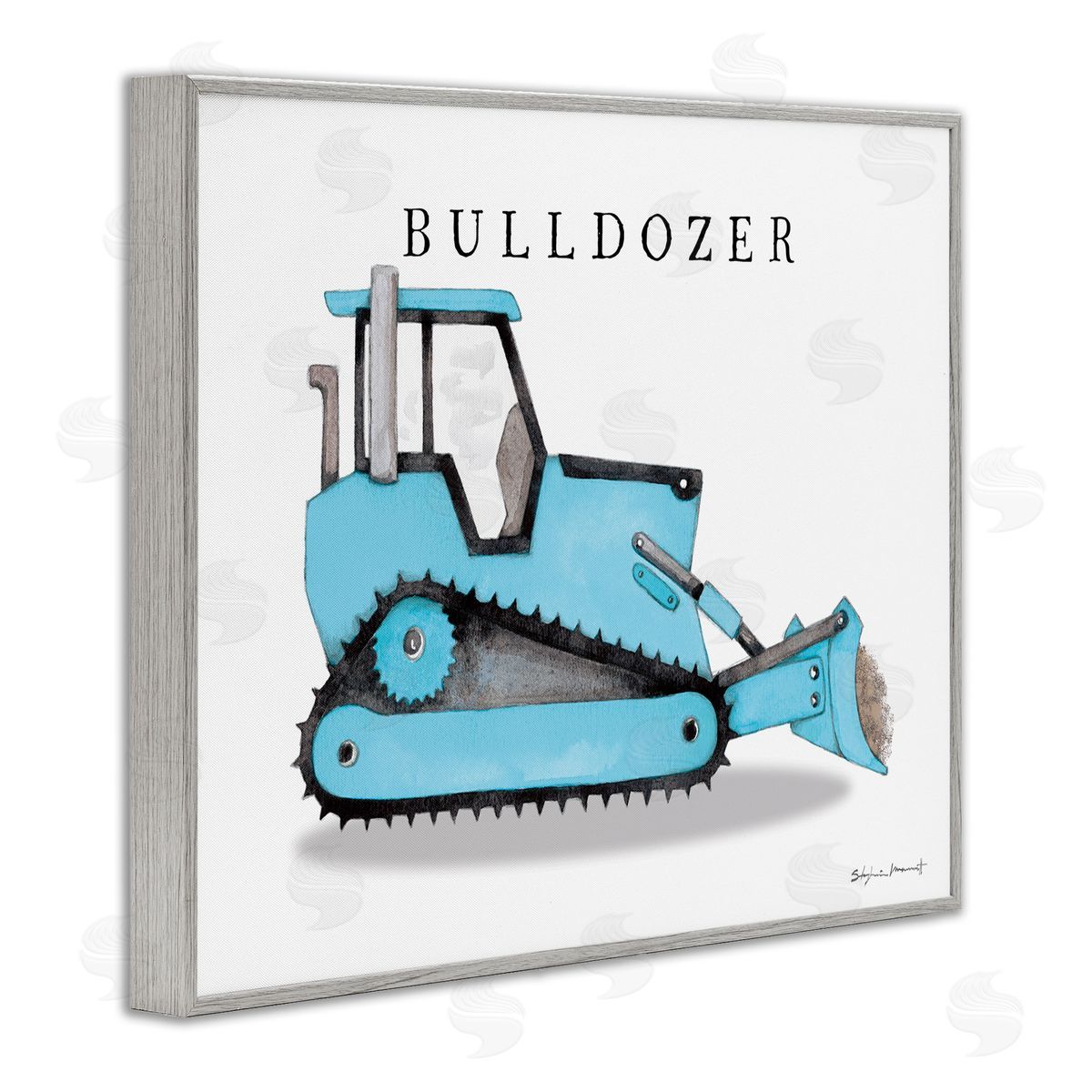 Blue Bulldozer Construction Machine Grey Frame Print Wall Art, Home Decor by Stephanie Workman Marrott