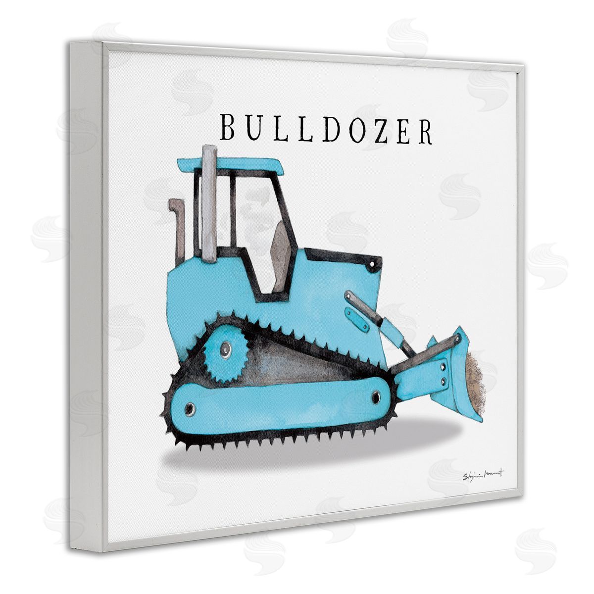 Blue Bulldozer Construction Machine White Frame Print Wall Art, Home Decor by Stephanie Workman Marrott