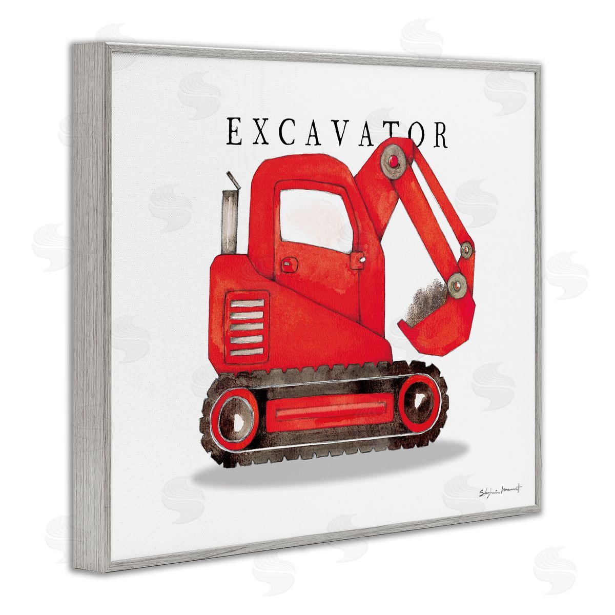 Stephanie Workman Marrott Red Excavator Truck Traditional Construction Vehicle Gray Framed Giclee Wall Art