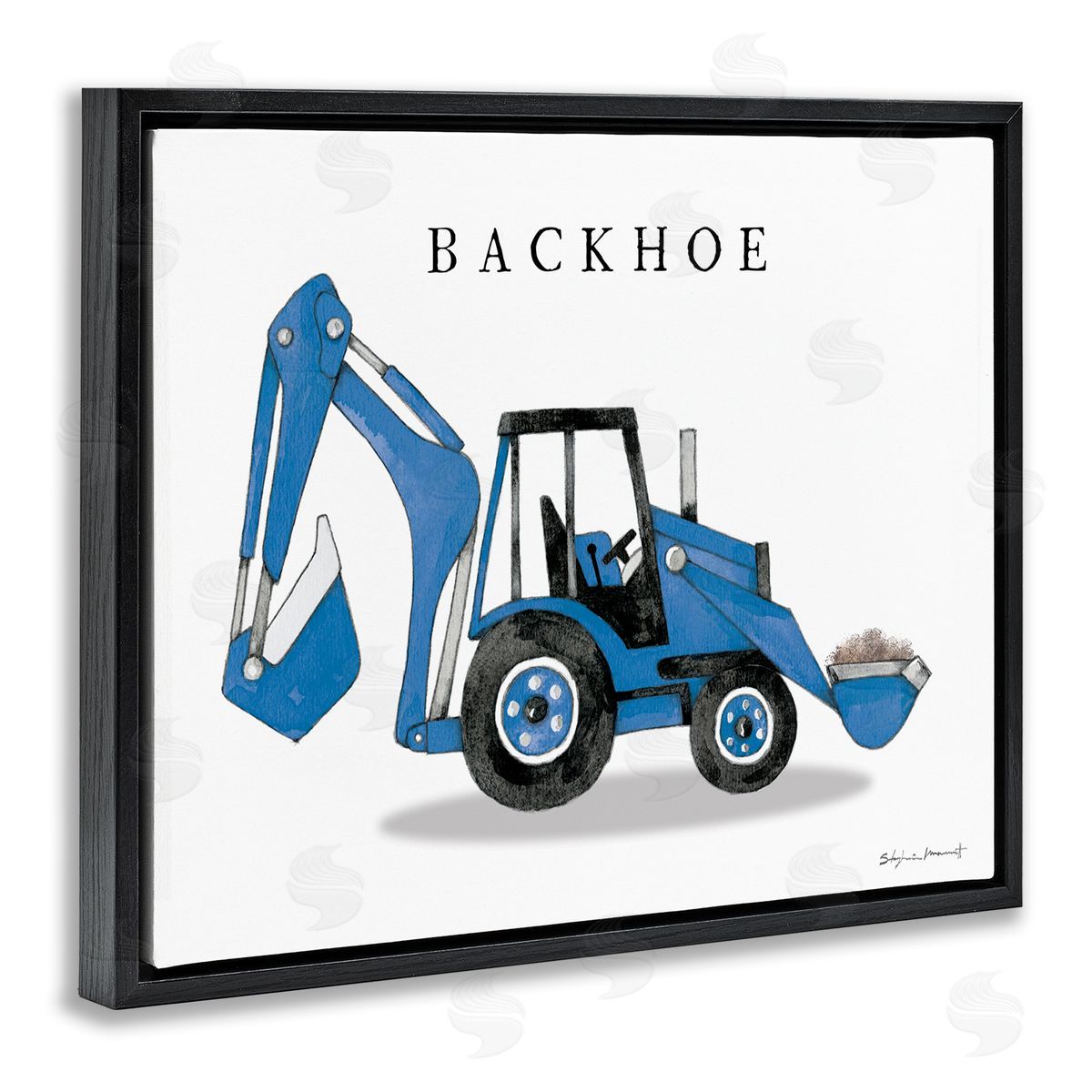 Stephanie Workman Marrott Blue Backhoe Construction Truck Demolition Vehicle Black Floater Frame Canvas Art