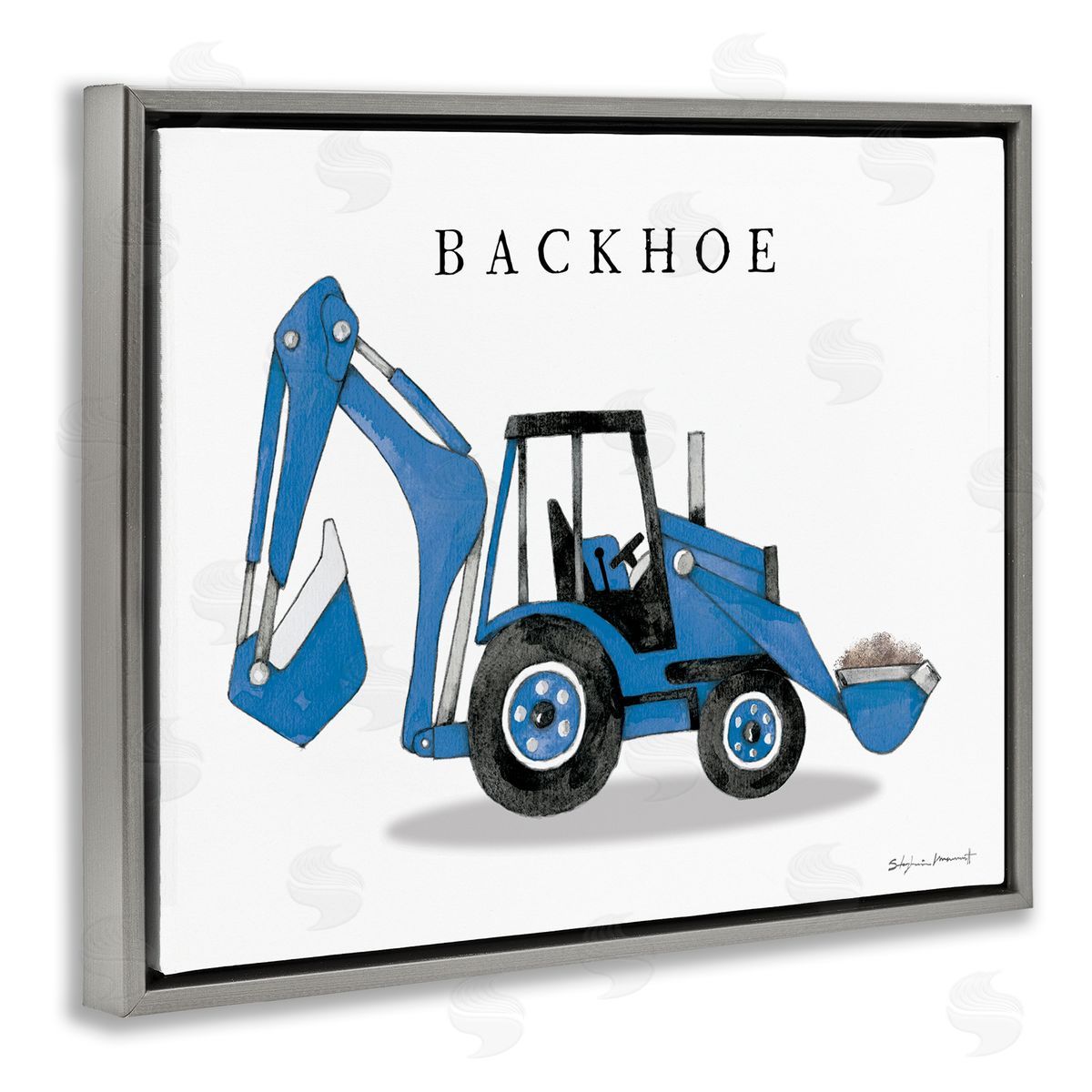Stephanie Workman Marrott Blue Backhoe Construction Truck Demolition Vehicle Gray Floater Frame Canvas Art