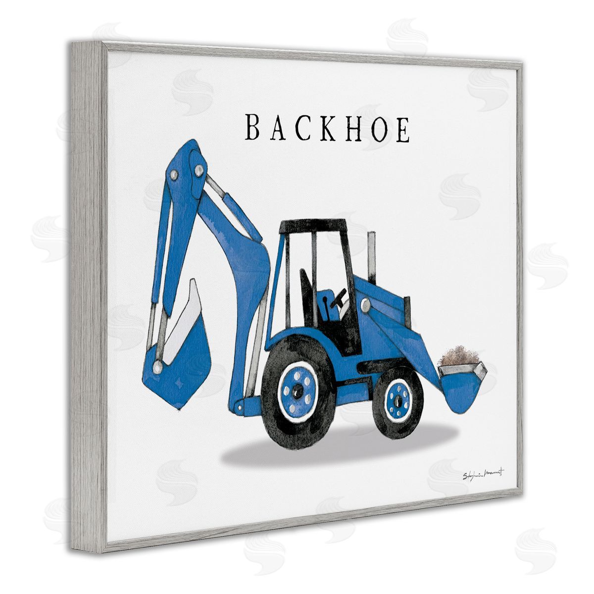Stephanie Workman Marrott Blue Backhoe Construction Truck Demolition Vehicle Gray Framed Giclee Wall Art