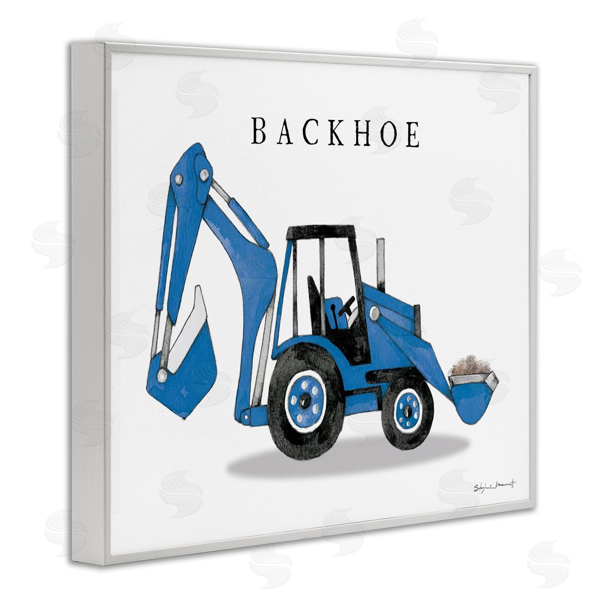 Stephanie Workman Marrott Blue Backhoe Construction Truck Demolition Vehicle White Framed Giclee Wall Art
