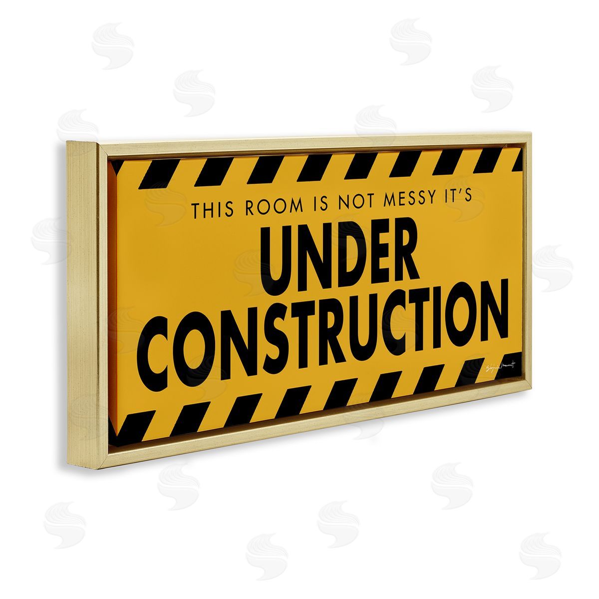 Stephanie Workman Marrott Messy Room Under Construction Sign Yellow Black Gold Floater Frame Canvas Art