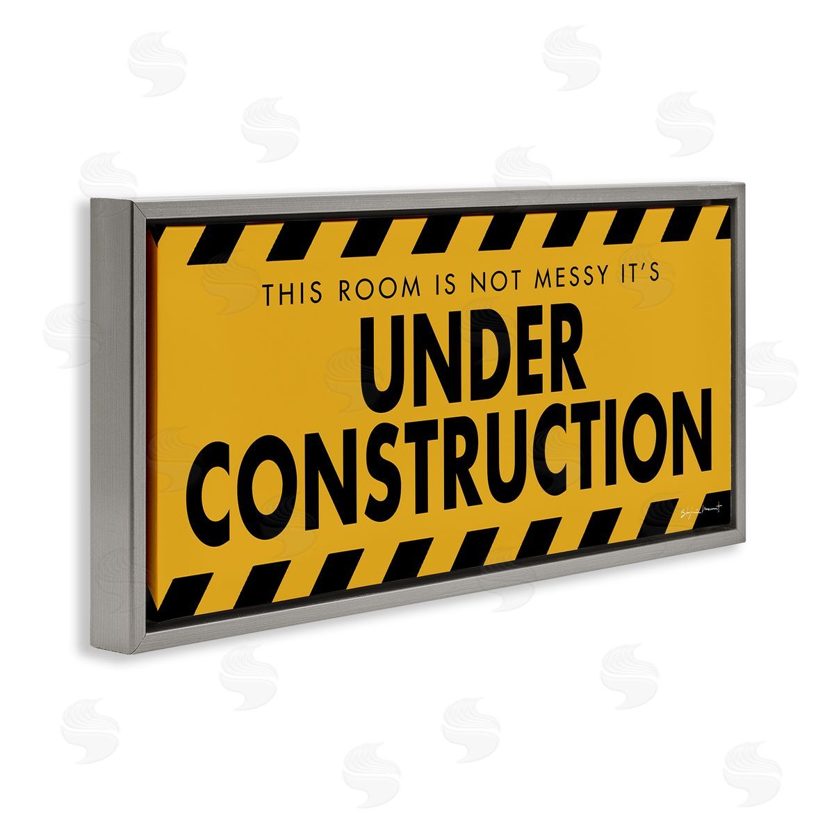 Stephanie Workman Marrott Messy Room Under Construction Sign Yellow Black Gray Floater Frame Canvas Art