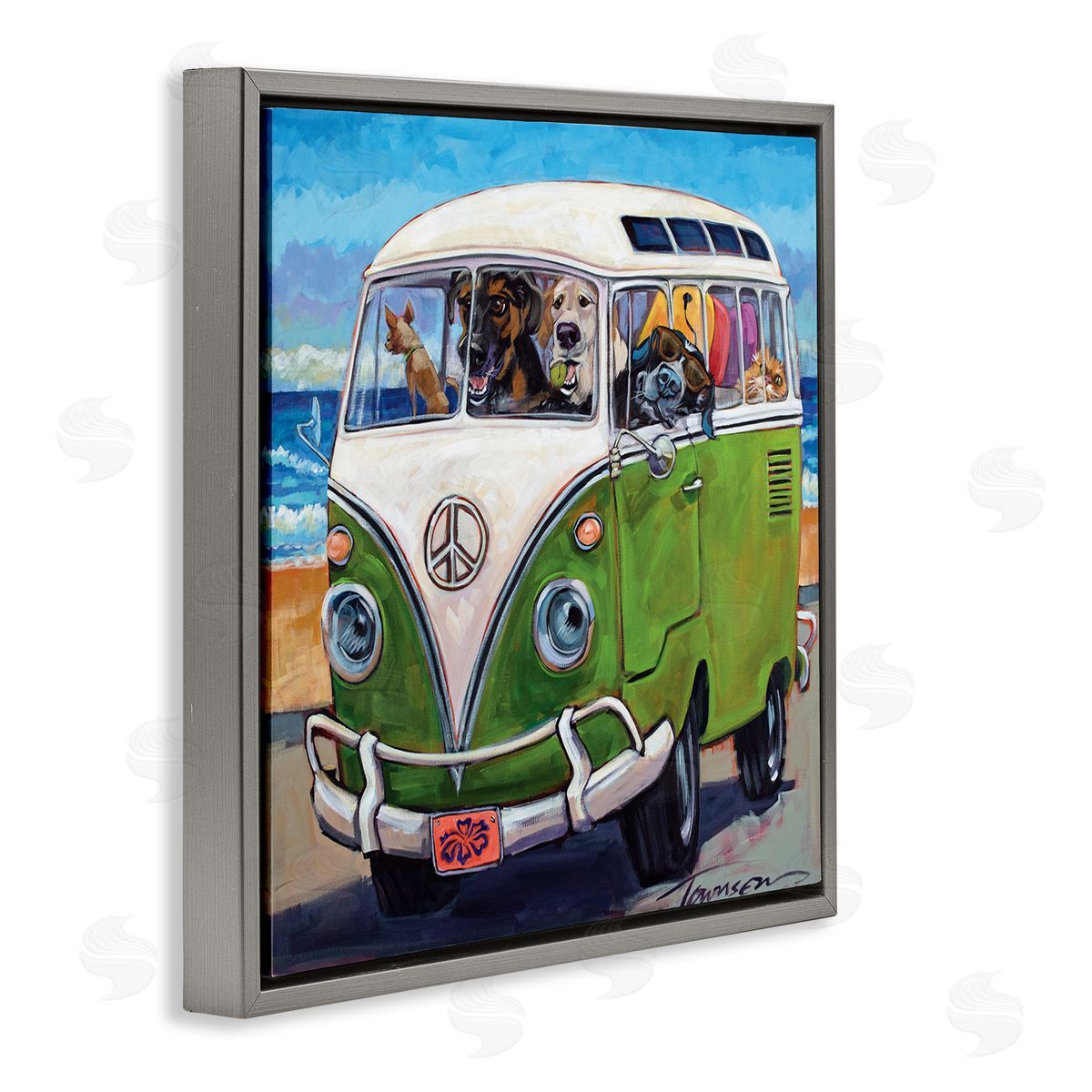 Dogs Driving Retro Van Grey Floating Frame Canvas Wall Art, Home Decor by CR Townsend
