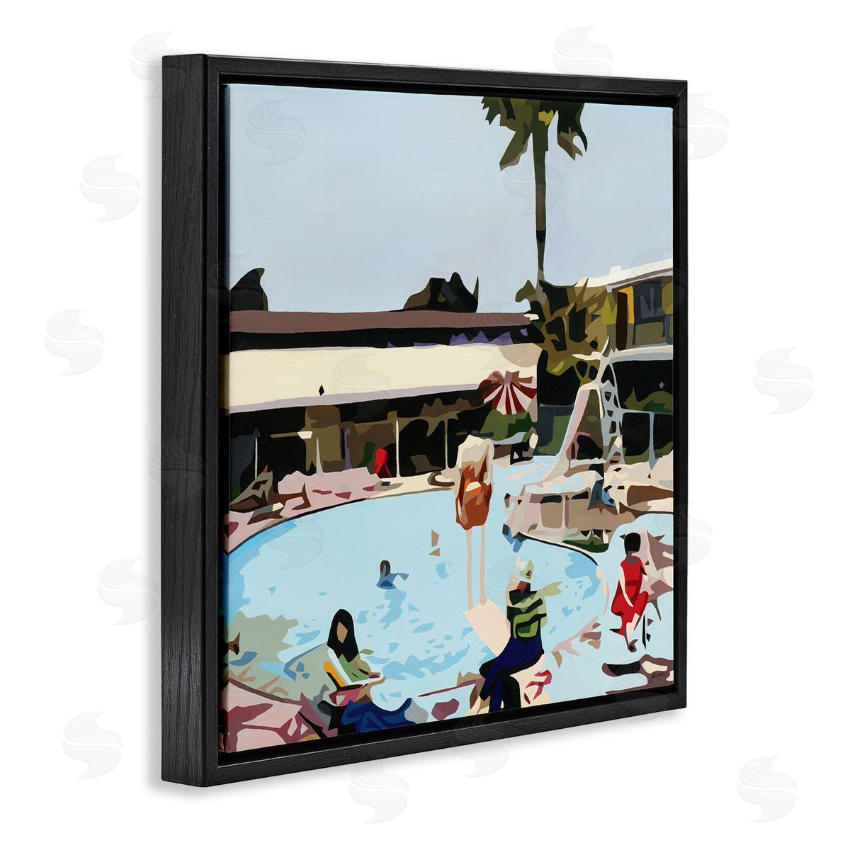 Beth Ann Lawson People Lounging at Pool Party Tropical Scenery Black Floater Frame Canvas Art