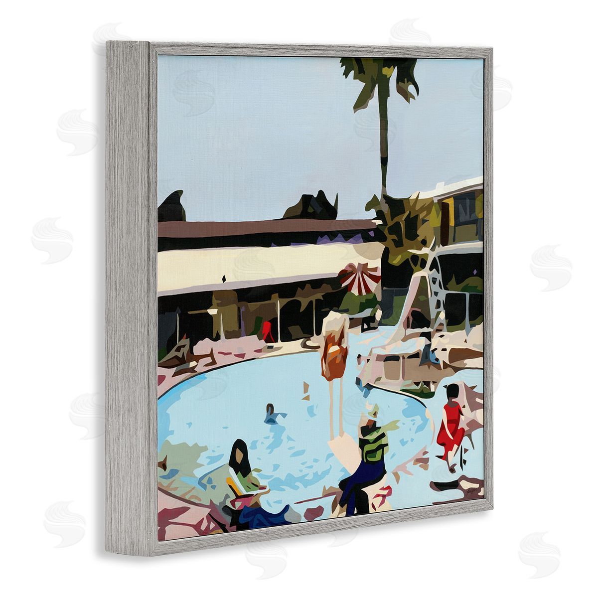 Beth Ann Lawson People Lounging at Pool Party Tropical Scenery Gray Framed Giclee Wall Art