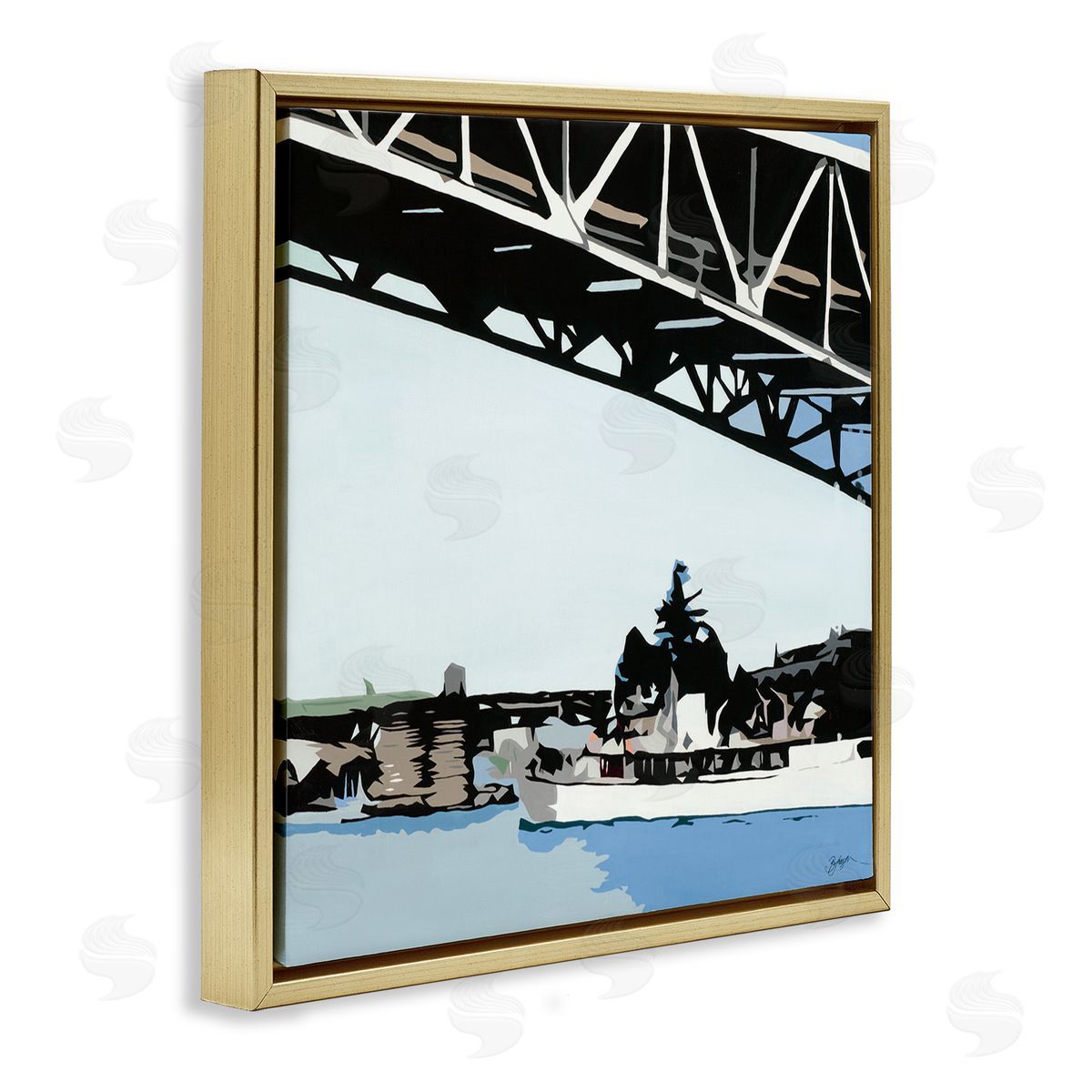 Beth Ann Lawson Ship Passing Under Bridge Soft Edge Abstraction Gold Floater Frame Canvas Art