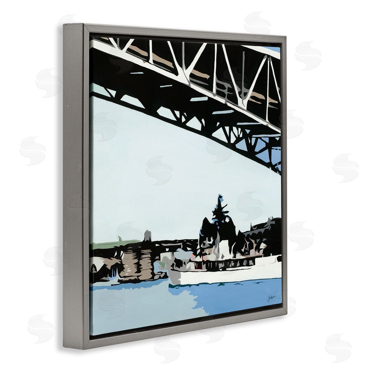 Beth Ann Lawson Ship Passing Under Bridge Soft Edge Abstraction Gray Floater Frame Canvas Art