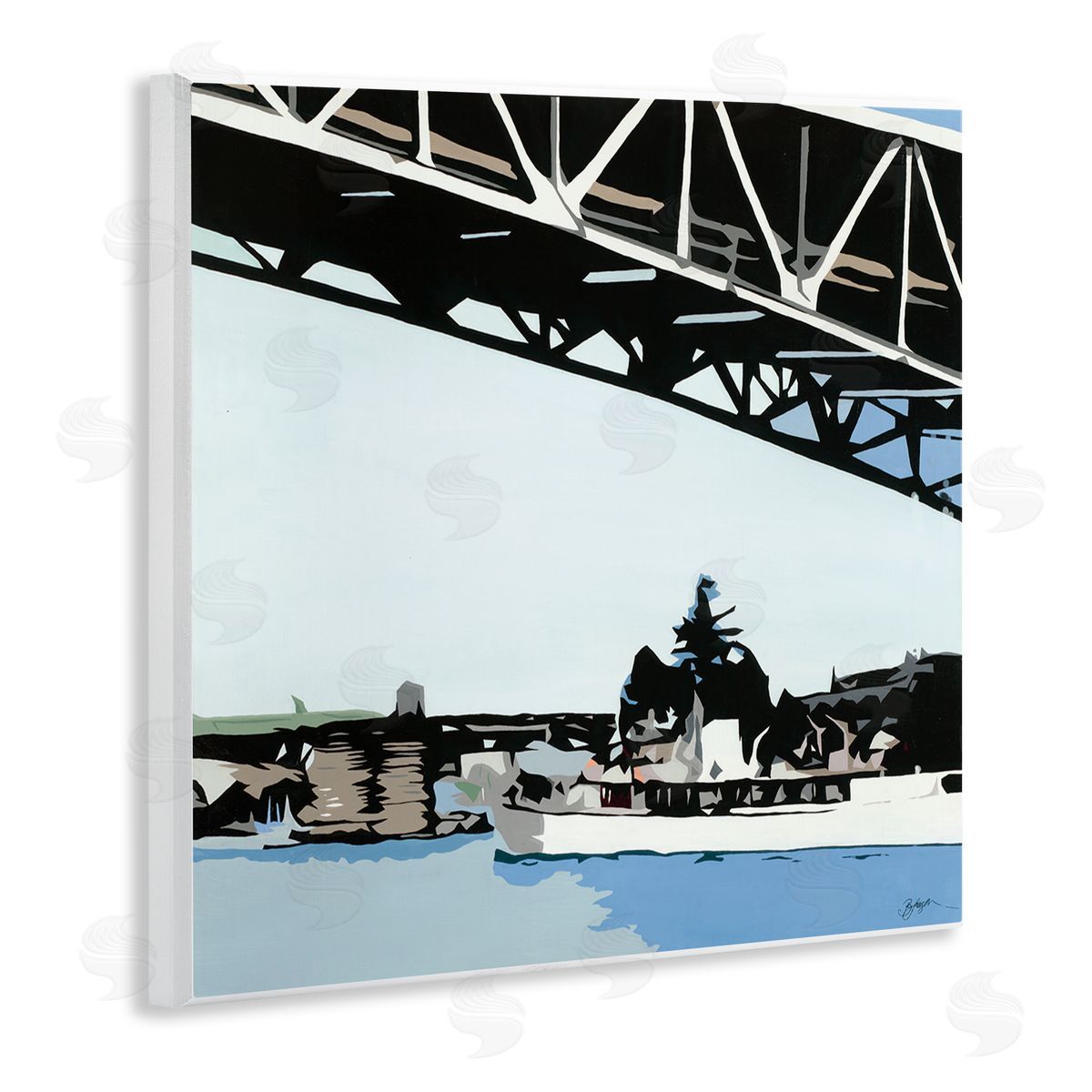 Beth Ann Lawson Ship Passing Under Bridge Soft Edge Abstraction Wall Plaque Art