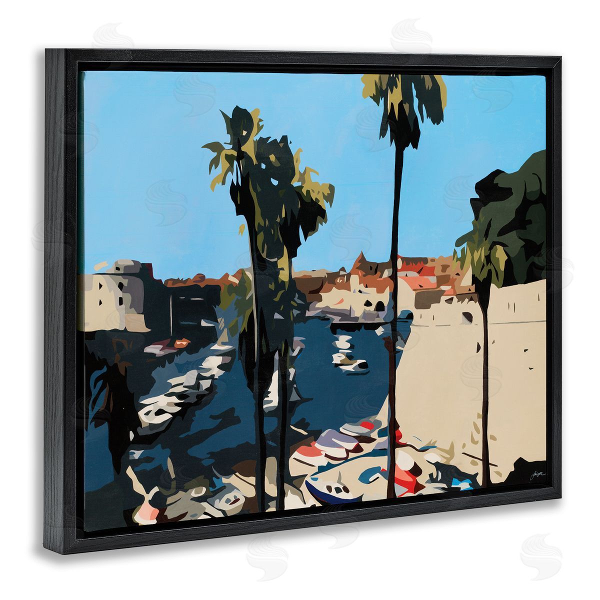 Beth Ann Lawson Coastal City Boating Docks Tropical Palm Trees Black Floater Frame Canvas Art