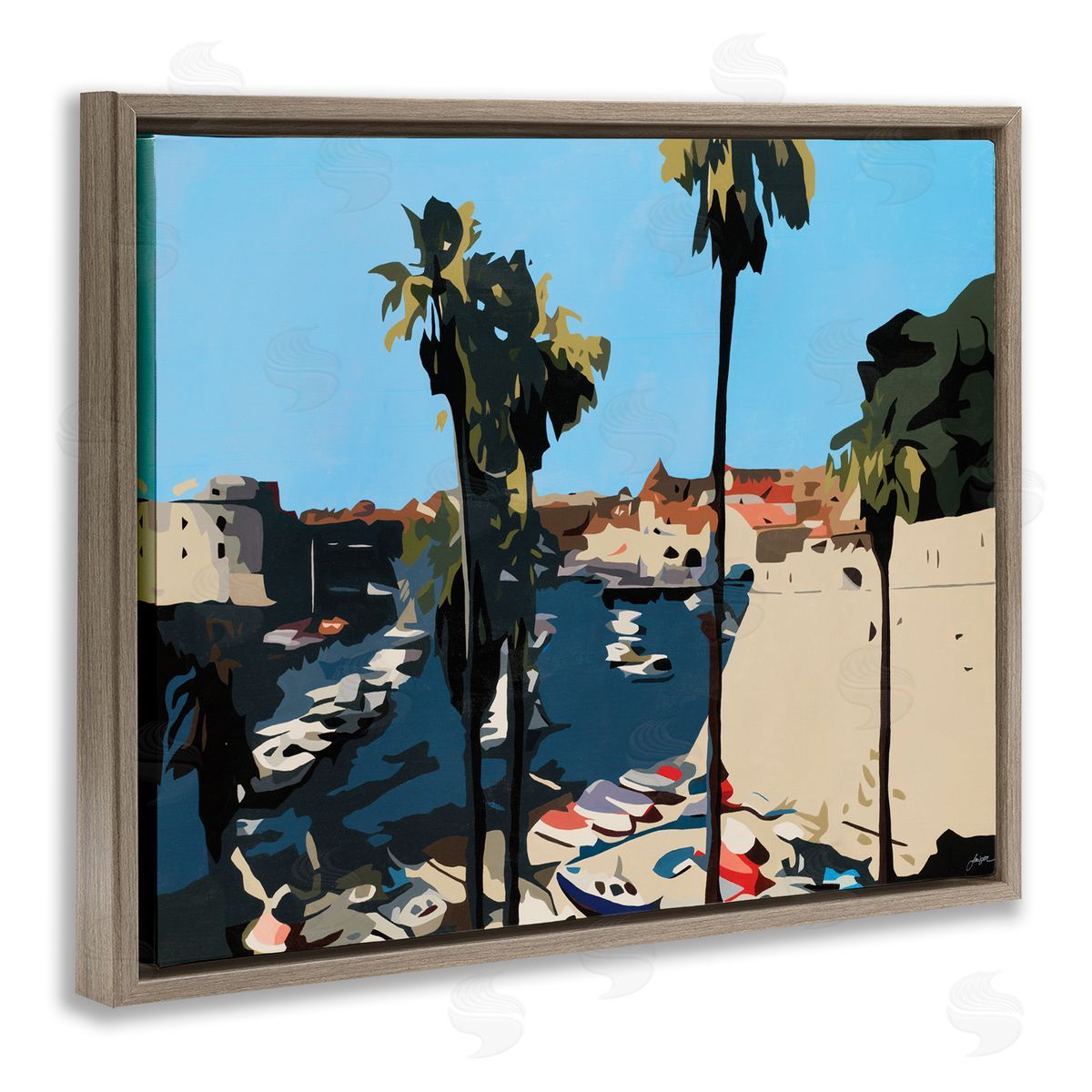 Beth Ann Lawson Coastal City Boating Docks Tropical Palm Trees Brown Floater Frame Canvas Art