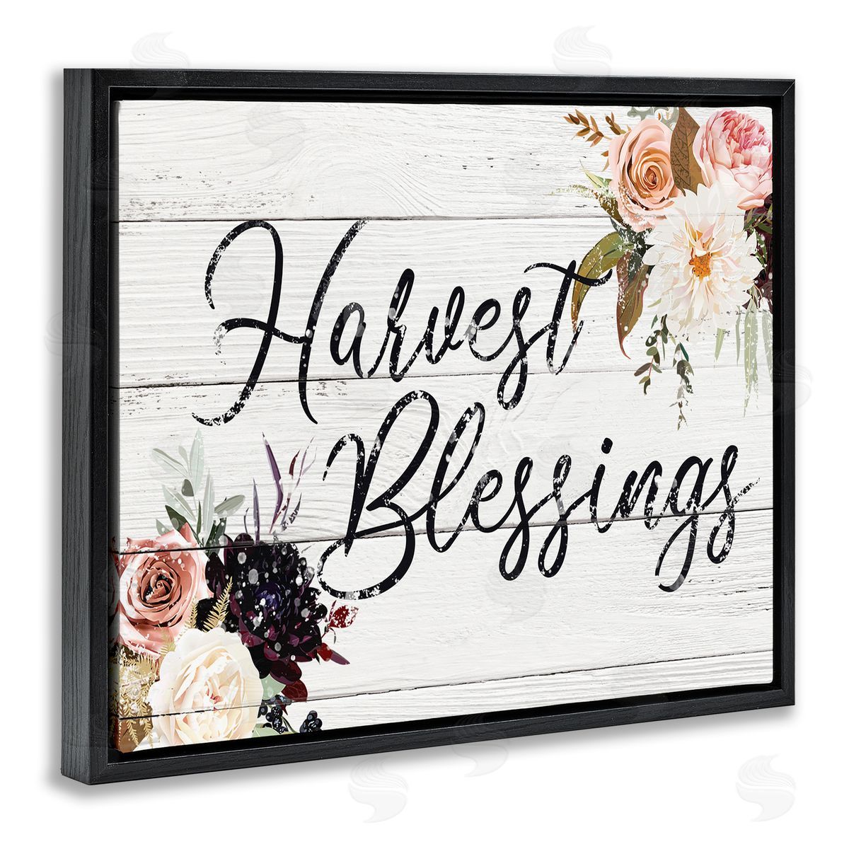 Victoria Brown Harvest Blessings Phrase Pink Peony Floral Arrangements Black Floater Frame Canvas Art