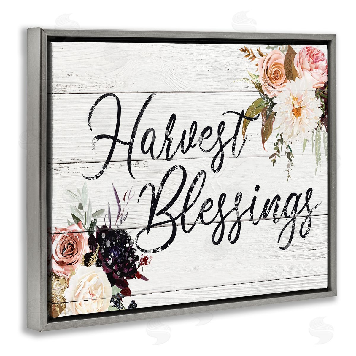 Victoria Brown Harvest Blessings Phrase Pink Peony Floral Arrangements Gray Floater Frame Canvas Art